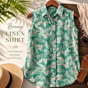 Green Tropical Palm Linen Sleeveless Button Down Top Closet Capsule Vacation Sm